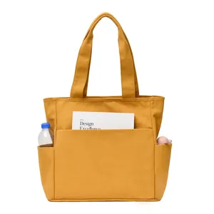 Yellow canvas tote bag with multi pockets, large capacity shoulder handbag for daily work.