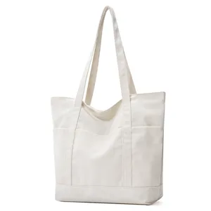 Sac cabas en toile minimaliste pour femme, sac porté épaule décontracté avec poche avant.