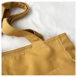 Yellow canvas tote bag detail close up, durable fabric shoulder bag for daily commute.