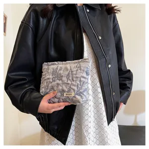 Grey textured cosmetic bag stylish clutch purse compact makeup pouch for women daily use