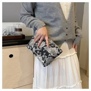 Floral jacquard cosmetic pouch stylish large capacity makeup bag elegant clutch purse for women