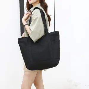 Sac Cabas en Toile Grande Capacité Décontracté Multi-Poches Fermeture Éclair Sac à Bandoulière pour Femmes