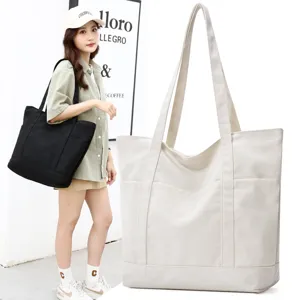 Sac cabas en toile grande capacité style coréen avec multiples poches pour le shopping quotidien