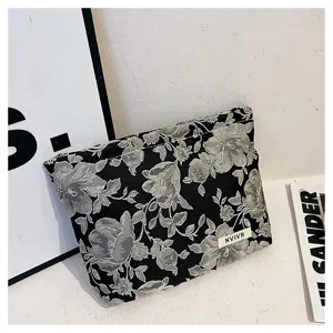 Floral jacquard fabric makeup bag detail showcasing elegant floral pattern and large capacity.