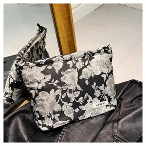 Black and white floral jacquard cosmetic bag large capacity zipper pouch for women everyday style