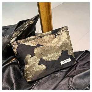 Black gold floral jacquard cosmetic bag elegant makeup pouch stylish clutch handbag daily use