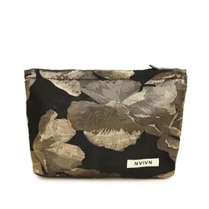 Floral yarn-dyed fabric cosmetic bag with elegant flower pattern, large capacity clutch.