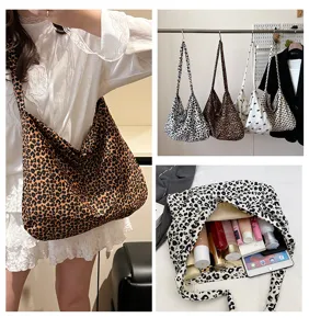 Casual canvas shoulder hobo bag for women, trendy leopard print and cute bow design daily tote.