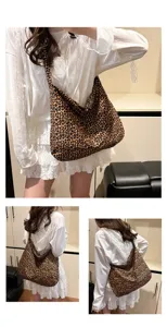 Leopard print slouchy shoulder bag, casual hobo tote bag for women, stylish daily handbag.
