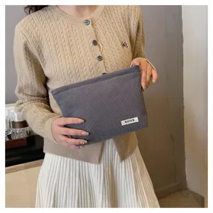 Corduroy makeup bag for women solid color cosmetic pouch portable clutch storage bag