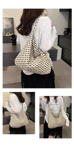 Korean style polka dot canvas shoulder tote bag, casual large capacity daily handbag.