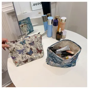 Canvas cosmetic bag retro butterfly pattern zipper makeup pouch portable travel storage bag