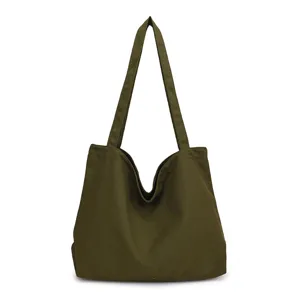 Simple large capacity canvas tote bag for women, solid dark green casual shopping shoulder bag.