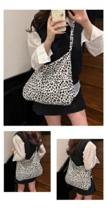 Chic leopard print slouchy shoulder bag, casual canvas tote for women, stylish everyday purse.