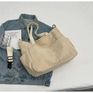 Beige corduroy tote bag large capacity casual shoulder bag for women daily commuting style