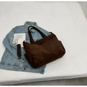 Corduroy tote bag large capacity shoulder bag casual commuter handbag solid color brown