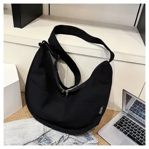 Sac bandoulière en toile noire pour femmes, grand sac besace style japonais décontracté.