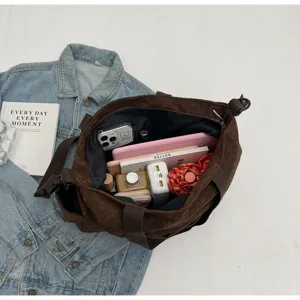 Large capacity brown corduroy tote bag casual commuting shoulder bag daily use detail view.