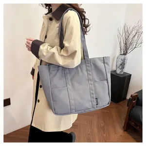 Large capacity grey canvas tote bag, casual daily shoulder bag for women, student book bag.