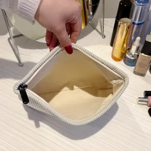 Corduroy cosmetic bag for women minimalist zipper pouch travel makeup organizer beige