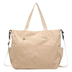 Minimalist solid color corduroy tote bag, large capacity casual shoulder commuting bag for daily.