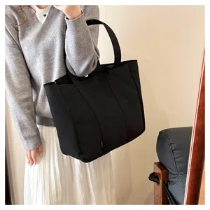 Black canvas tote bag, large capacity shoulder handbag for women, casual commuter daily student bag.
