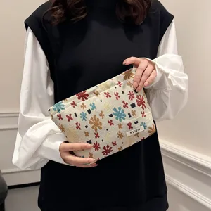 Linen jacquard cosmetic bag floral pattern storage pouch travel toiletry organizer for women