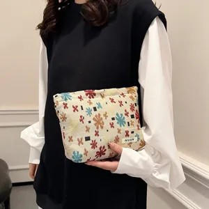 Linen jacquard cosmetic bag travel storage pouch portable floral makeup organizer for women.