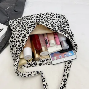 Leopard Print Canvas Tote Bag Casual Large Capacity Shoulder Bag for Women Daily Shopping