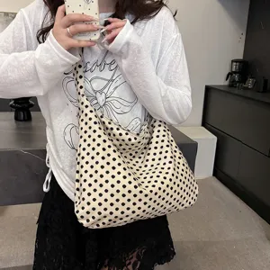 Casual polka dot canvas shoulder bag, Korean style large capacity hobo tote for women daily use.