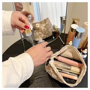 Beige floral embroidered cosmetic bag large capacity portable makeup pouch for women