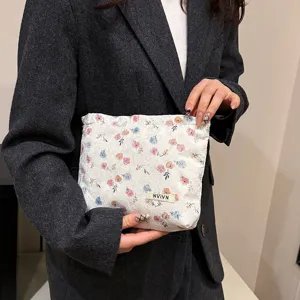 White lace cosmetic bag detail, floral pattern storage pouch, portable minimalist women clutch.