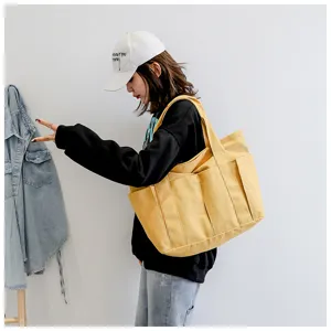 Women canvas tote bag large capacity casual shoulder bag stylish multi-pocket daily handbag