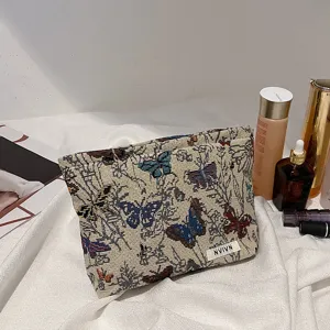 Large capacity woven cosmetic bag with vintage butterfly pattern, ideal for daily makeup storage.