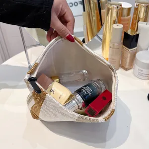 Striped canvas cosmetic bag large capacity makeup pouch portable travel toiletry storage organizer.