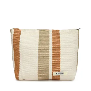 Large capacity striped canvas cosmetic bag, portable travel toiletry pouch for women.