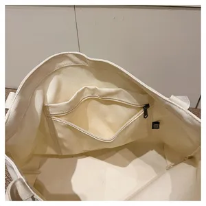 Korean style canvas tote bag interior detail view with zipper pocket and durable cloth material.