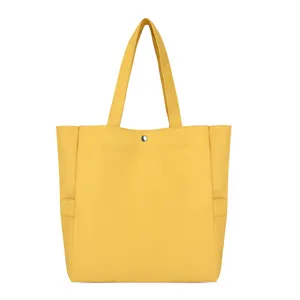 Yellow canvas tote bag for women casual shoulder shopping bag with side pockets and snap closure