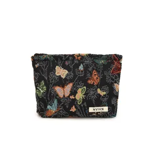 Woven cosmetic bag with colorful butterfly pattern, portable makeup pouch for daily storage.