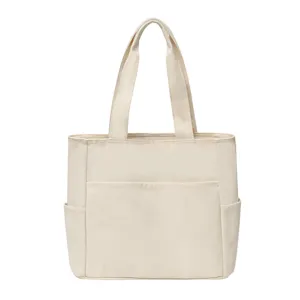Solid color canvas tote bag large capacity casual shoulder handbag for women everyday use white