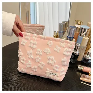 Pink floral cosmetic bag large capacity portable makeup pouch cute toiletry organizer bag.