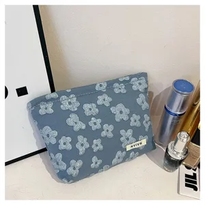 Blue floral cosmetic bag large capacity portable storage pouch for daily makeup and travel essentials