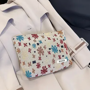Linen Jacquard Floral Cosmetic Pouch Travel Makeup Storage Bag Daily Organizer Box