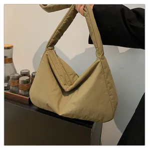 Khaki quilted shoulder bag detail, soft puffer crossbody bag, casual daily handbag.