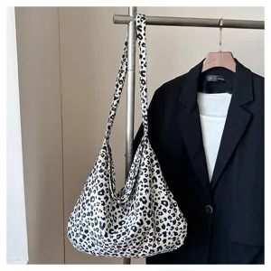 Korean style black white leopard print canvas tote bag casual slouchy shoulder bag for women