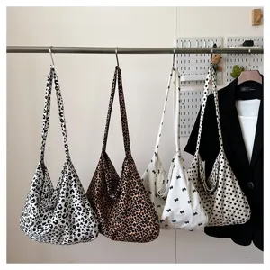 Casual canvas shoulder bag with leopard, dot and bow prints, large capacity tote bag.