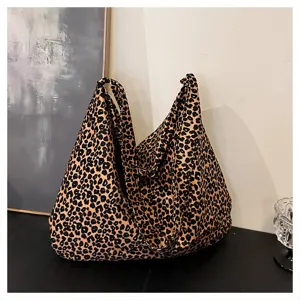2025 New Korean Style Leopard Print Canvas Tote Bag Casual Large Capacity Shoulder Bag For Women