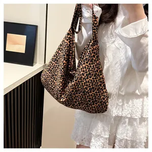Korean style leopard print canvas shoulder bag, casual slouchy large capacity tote bag for women.