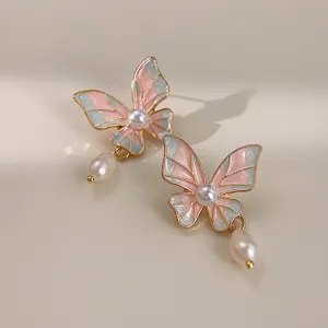 Elegant Sweet Butterfly Enamel Freshwater Pearl Earrings Gold Plated Copper Frame Fine Hand Crafted Drop Oil Butterfly Tassel Ear Rings With Silver Post Mori Girl Elegant Jewelry For Women Party Gift