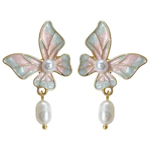 Elegant sweet style enamel butterfly freshwater pearl drop earrings for women daily wear.